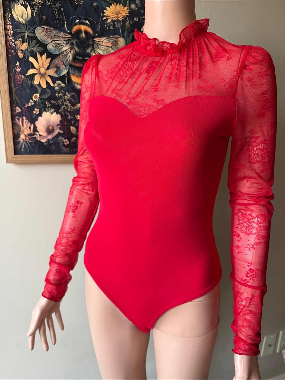 Red Lace Illusion High-Neck Bodysuit